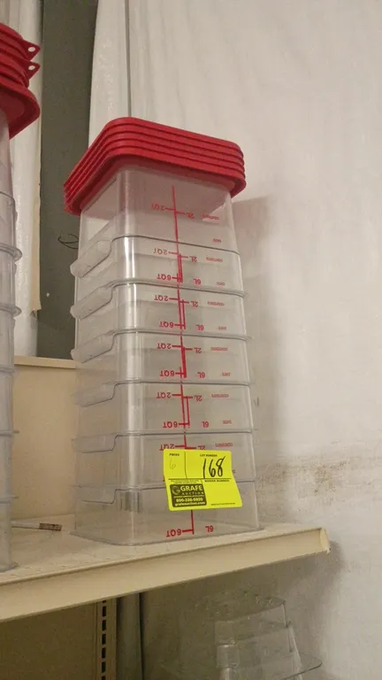 6-quart food storage containers. Includes (6) translucent square containers with (6) red snap-on lids. Features integrated carry handles and printed g