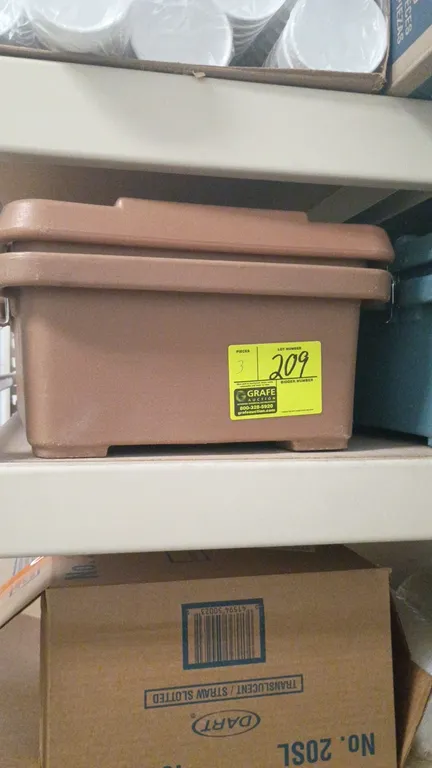 Cambro insulated food pan transport carriers. Features brown molded polyethylene construction, top-loading design with locking metal latches, and inte
