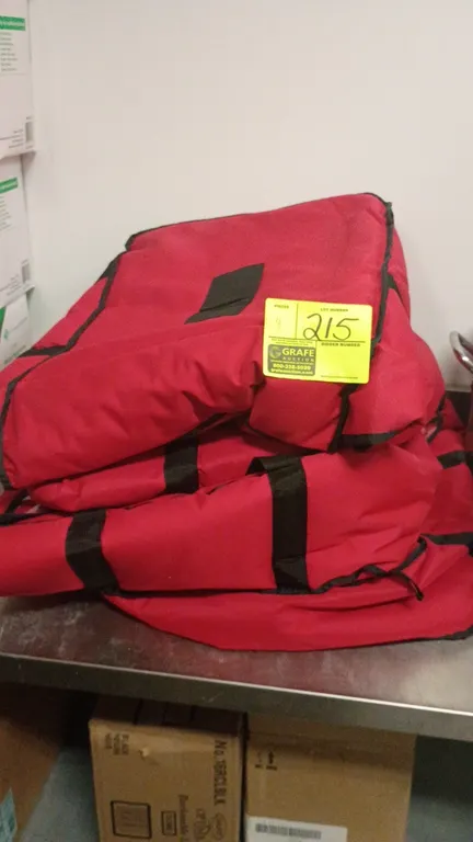 Insulated pizza delivery bags. Features red fabric exterior with black nylon webbing carry handles and hook-and-loop flap closure.