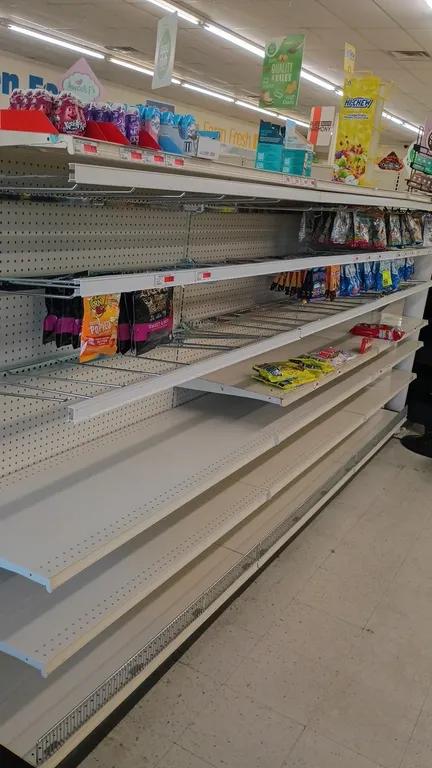 12'L of Lozier wall shelving. Features 65"H uprights with pegboard backing, 16"D base shelves, and adjustable upper shelves. Contents not included.