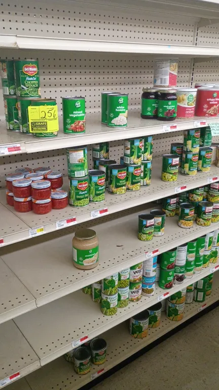 Contents of 4' shelving section. Includes canned and jarred goods such as peas, mixed vegetables, crispy fried onions, hominy, beets, sauerkraut, and