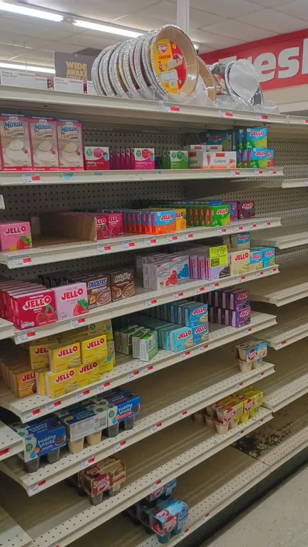 Contents of 4' shelving section. Includes assorted Snack Pack pudding cups, Jell-O gelatin and pudding mixes, Keebler ready-crust pie crusts, Knox gel