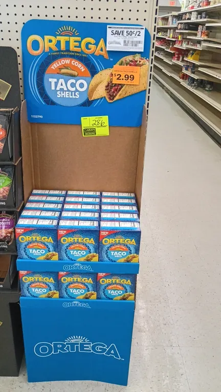 Ortega retail floor display. Features branded cardboard shipper construction with Ortega Yellow Corn Taco Shell boxes.