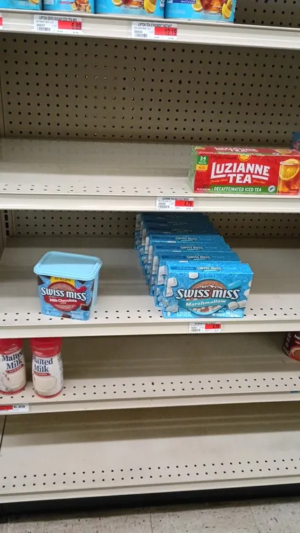 Contents of 4' section: hot cocoa, tea, and assorted beverage mixes. Includes items from brands such as Swiss Miss, Lipton, Luzianne, Red Diamond, Foo