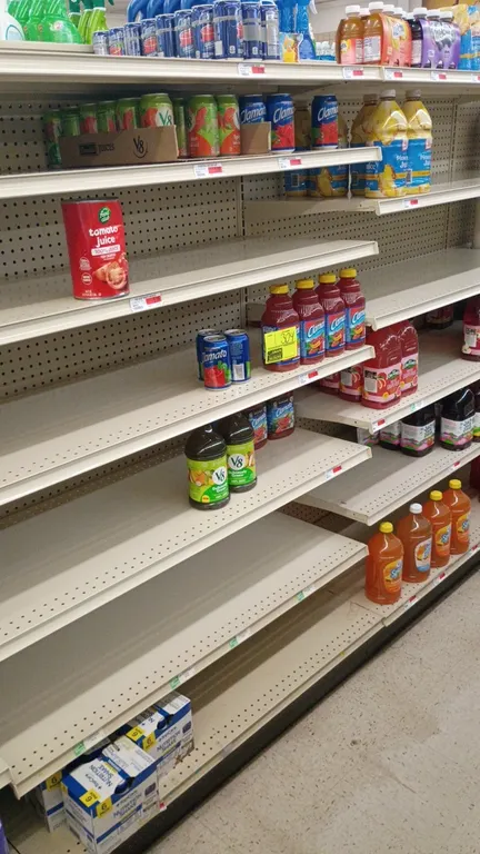 Contents of 4' shelving section. Includes assorted bottled and canned juices, juice blends, and nutritional shakes from brands including Clamato, V8,