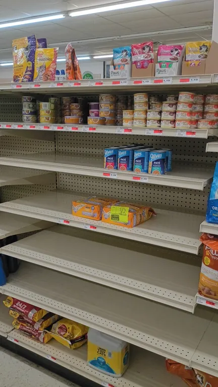 Contents of 4' section of assorted cat food, cat litter, and cat treats. Includes canned food, dry food, treat pouches, and litter from brands includi