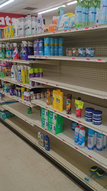 Contents of 8' section of retail shelving. Includes assorted cleaning supplies and household products including Lysol spray, Pledge furniture polish,