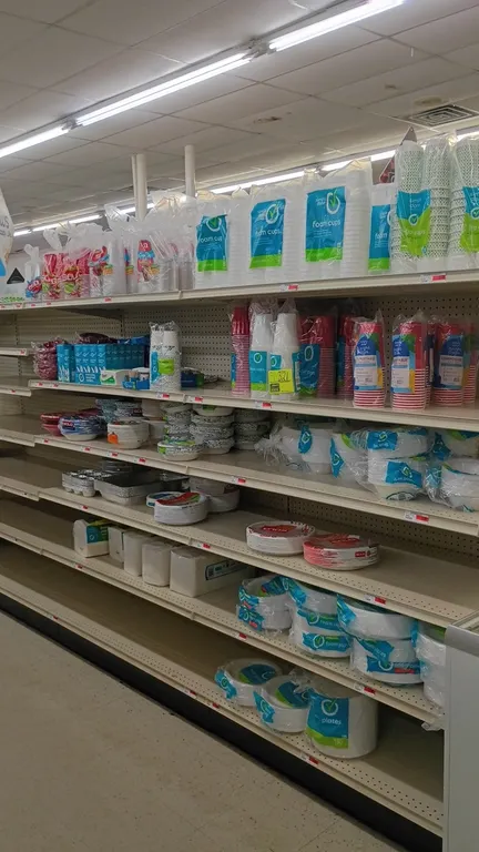 Assorted paper and disposable party supplies. Includes paper and foam plates, bowls, cups, napkins, plastic cutlery, aluminum bakeware pans, and tooth