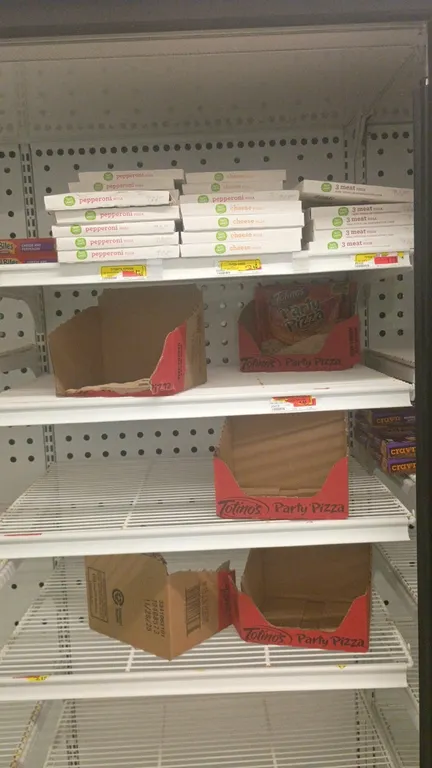 Assorted frozen food inventory. Includes remaining contents across (5) freezer door sections featuring packaged appetizers, pizzas, sliders, taquitos,