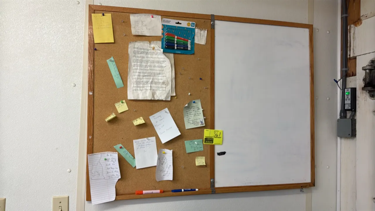Combination corkboard and whiteboard. Features dual cork bulletin and dry-erase whiteboard surface with a wood frame. Wall mounted. 4' x 3'. Contents