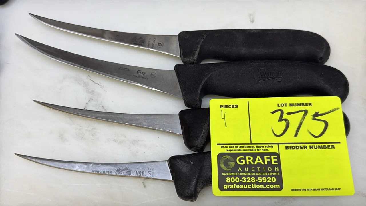 Assorted curved boning knives. Includes Victorinox, Forschner, and Choice. Features curved stainless steel blades and molded black handles.