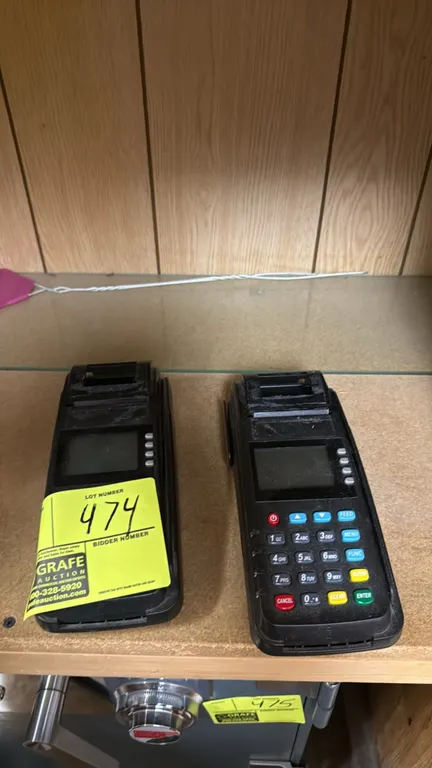 NEW POS Technology NEW7110 credit card payment terminals. Features numeric keypad, display screen, integrated thermal receipt printer, and LAN and Wi-