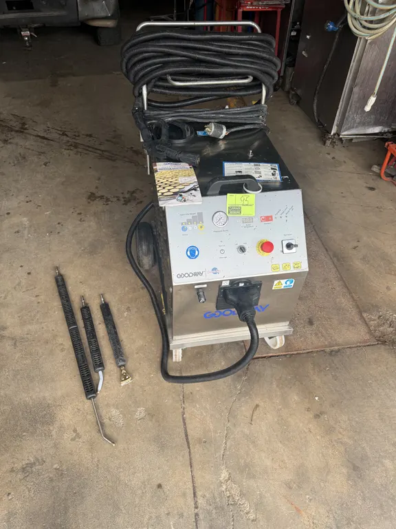 2023 Goodway GVC-18000 vapor steam cleaner. Features stainless steel housing. Includes hose, spray wand, and assorted nozzle attachments. S/N: GVC0091