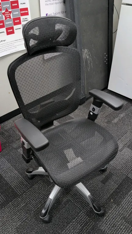 Ergonomic mesh office chair. Features an adjustable mesh headrest, breathable mesh back with adjustable lumbar support, mesh seat, and adjustable armr