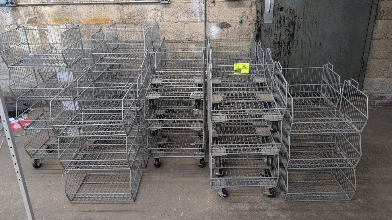 Metal wire merchandise display racks. Features stackable open-front wire dump baskets and mobile caster base dollies. 18".
