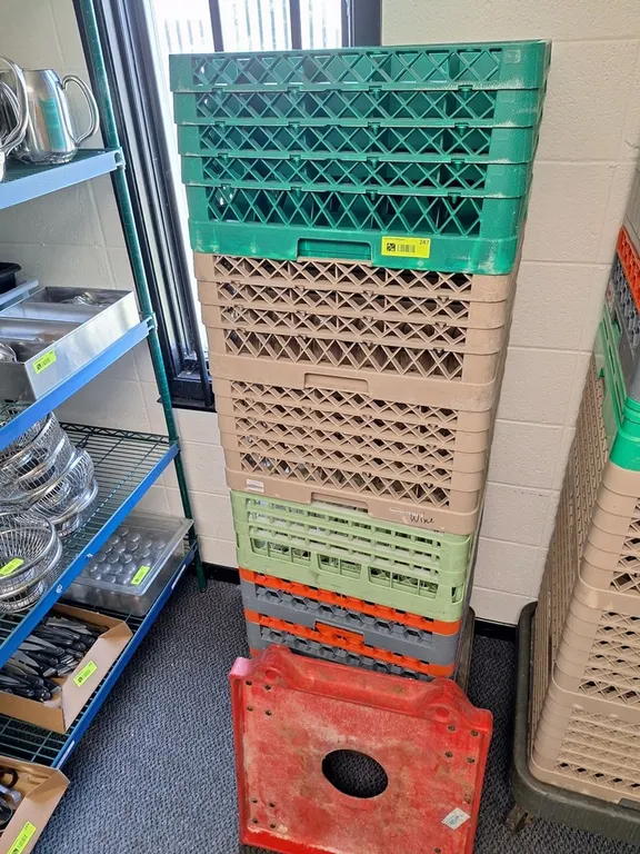 Stack of Glass Racks with Wine Glasses, 2 Carts