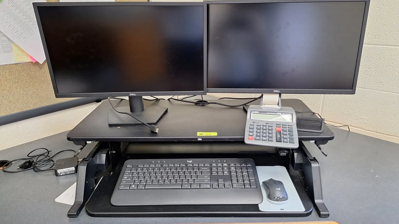 2 Dell 23" Monitors, Adjustable Height Work Station, Keyboard