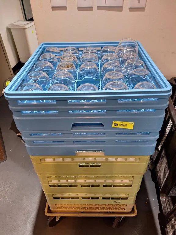 Stack of Glass Racks with Wine Glasses, Cart