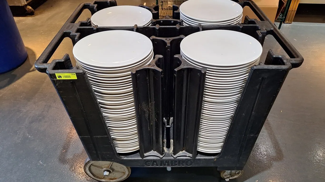 Cambro Dish Cart with Ceramic Plates