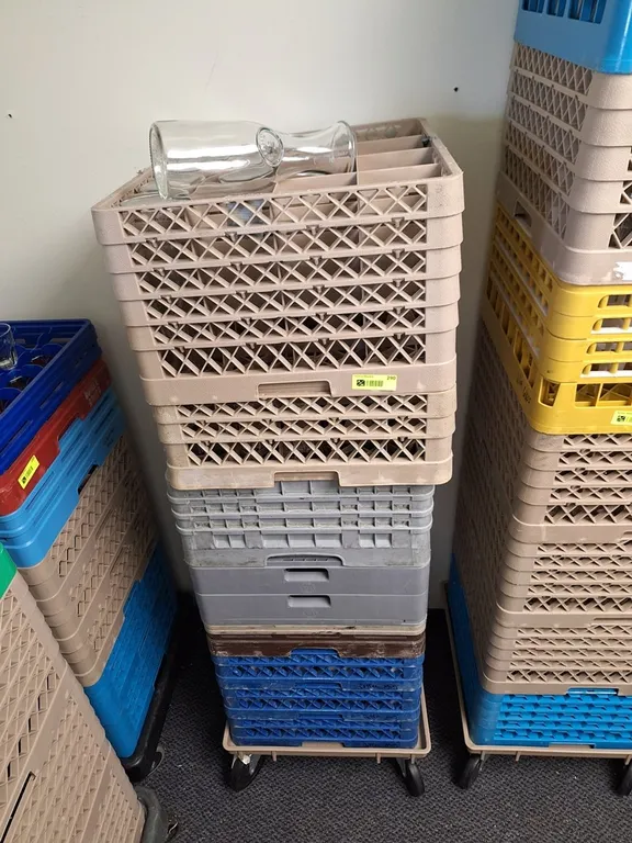 Stack of Glass Racks with Assorted Glassware, Cart