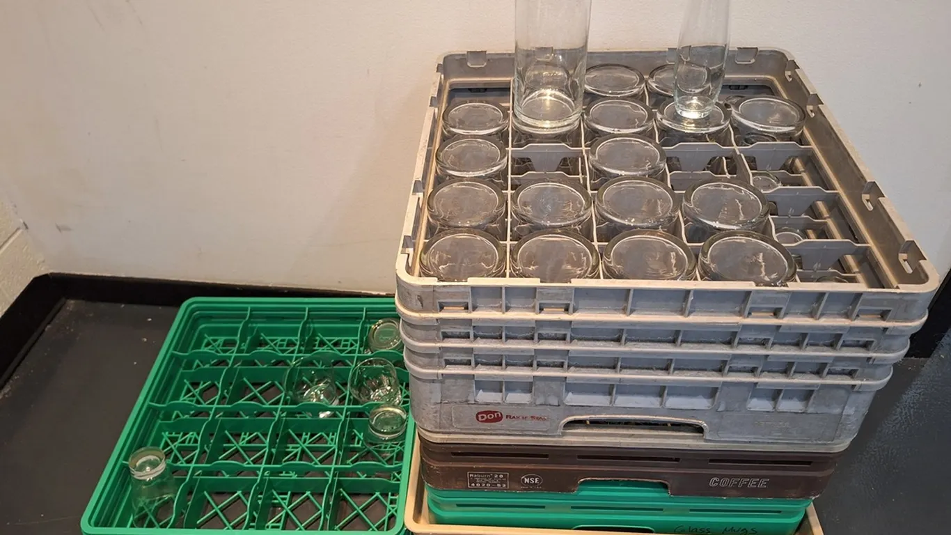 Stack of Glass Racks with Cocktail Glasses, Cart
