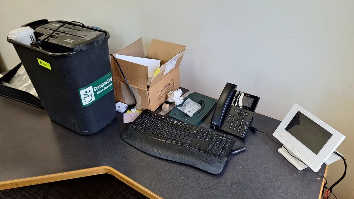 Assorted on Desk, Paper Shredder, More