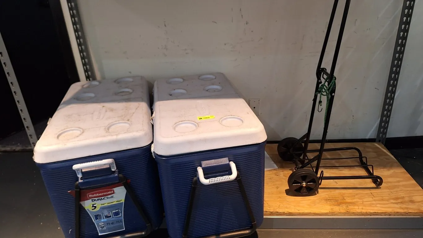2 Rubbermaid 75 Qt. Coolers on Wheels