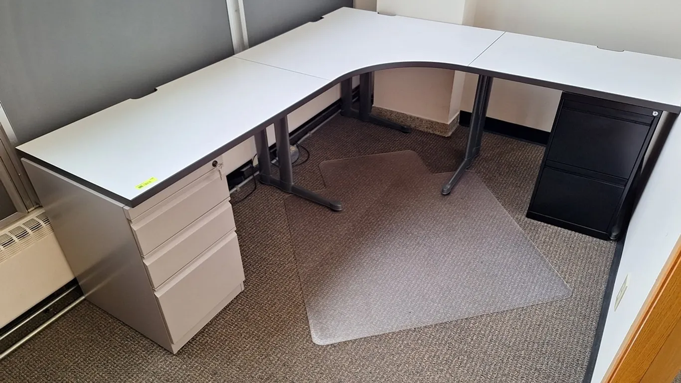 L-Shaped Workstation 86"x76"x29" and 5-Tier Cabinet, 34"x12"x72"