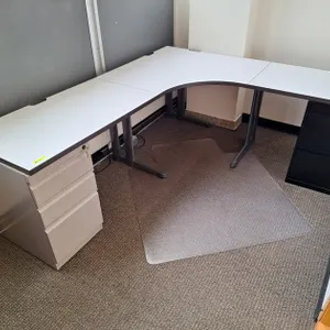 L-Shaped Workstation 86"x76"x29" and 5-Tier Cabinet, 34"x12"x72"