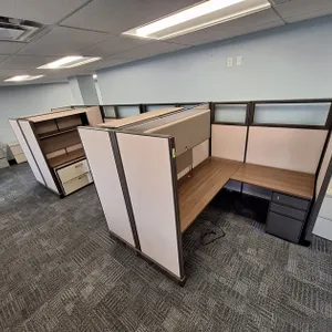 4 Workspace Cubicle System, 6'x6' Workspace, 67" Walls, All with Desks and Cabinets