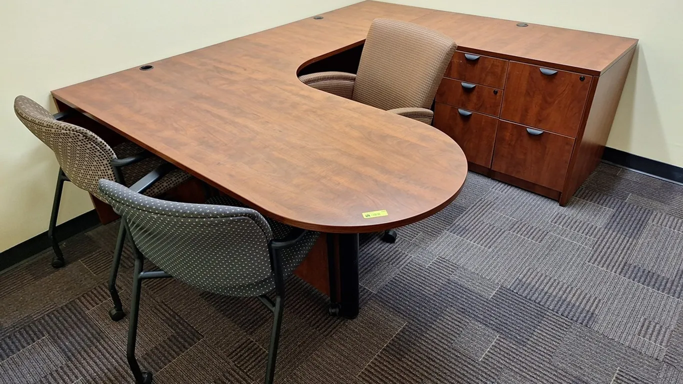 U-Shaped Wood Desk with 3 Chairs