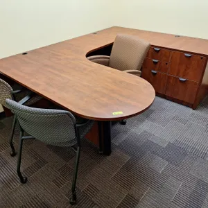 U-Shaped Wood Desk with 3 Chairs