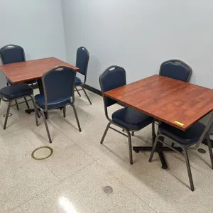2 Wood Tables with 7 Padded Chairs, 36"x36"x30"