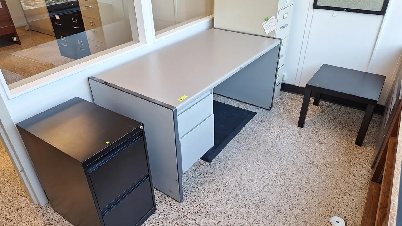 Desk, 2 File Cabinets, Table