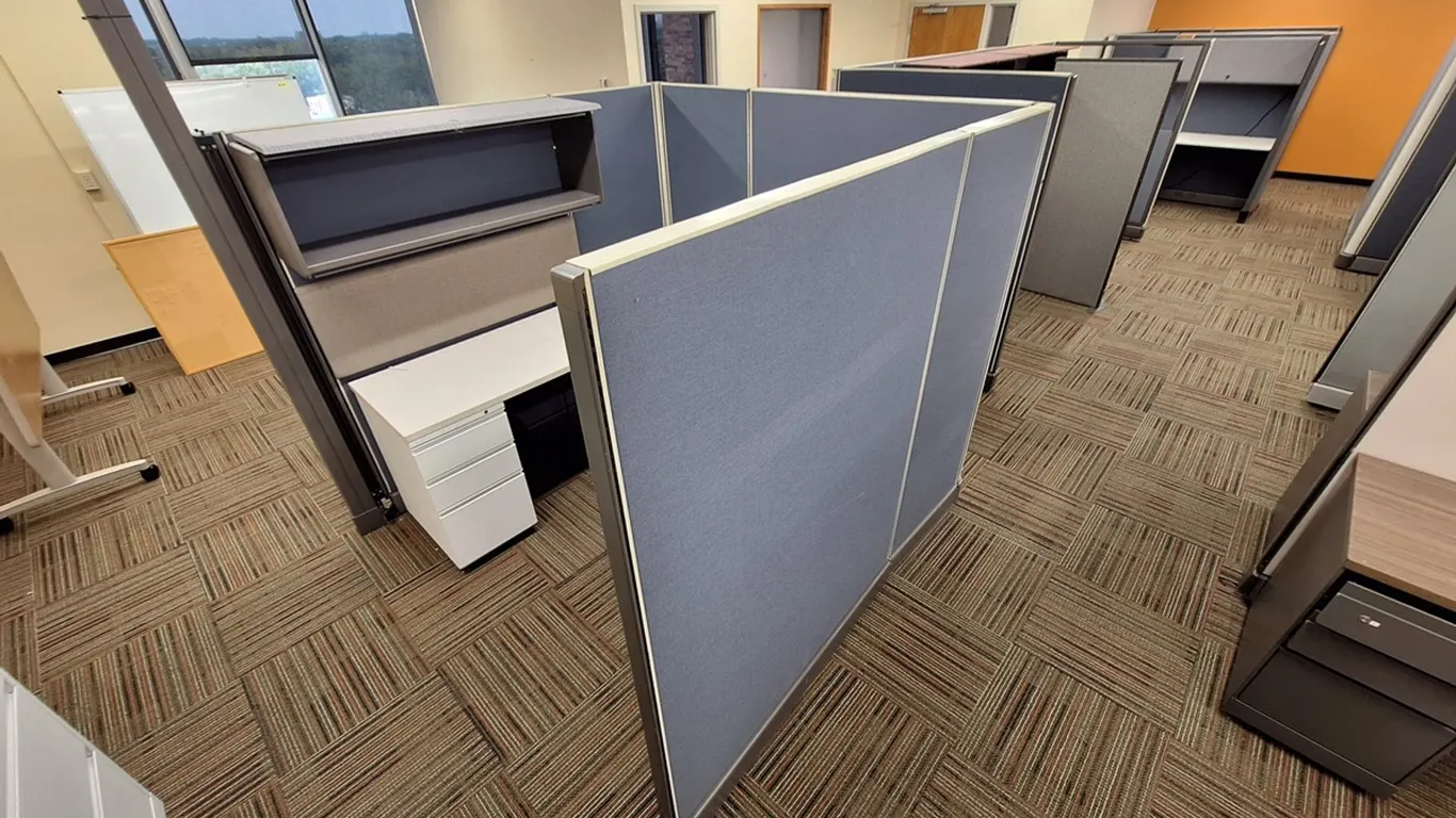 Cubicle System with Mostly Blue Walls, 5 Workstations 6'x6', 67" Walls, Work Surfaces with Additional Walls