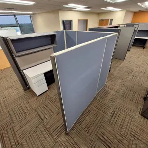 Cubicle System with Mostly Blue Walls, 5 Workstations 6'x6', 67" Walls, Work Surfaces with Additional Walls