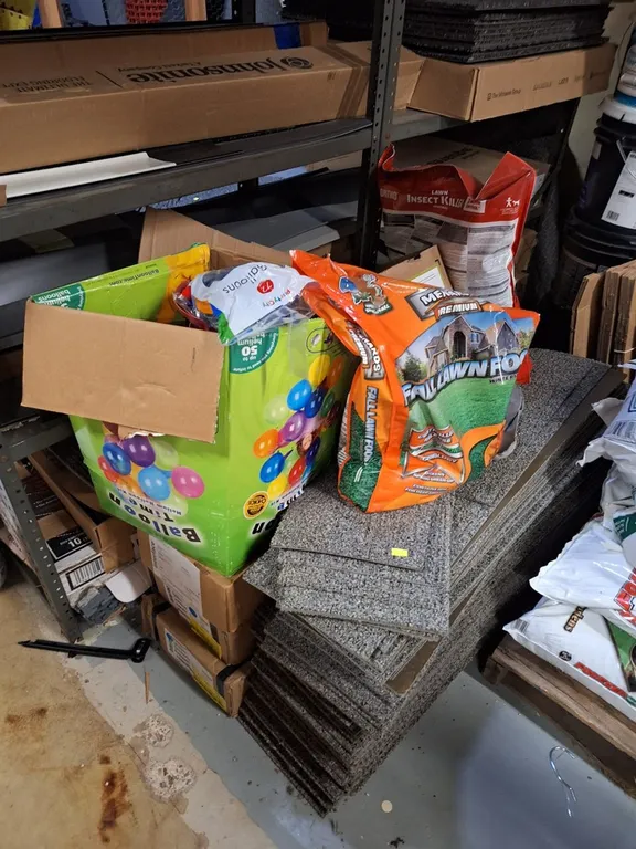 Assorted Building Materials, Carpet Squares, Baseboard, Metal Shelf, More