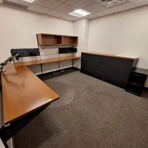 Wall-Mount L-Shaped Executive Desk 101"x122", 6-Drawer Lateral File 83"x19"x40", 2 Storage Cubbies 36"x16"x15" Each, Monitor Mount