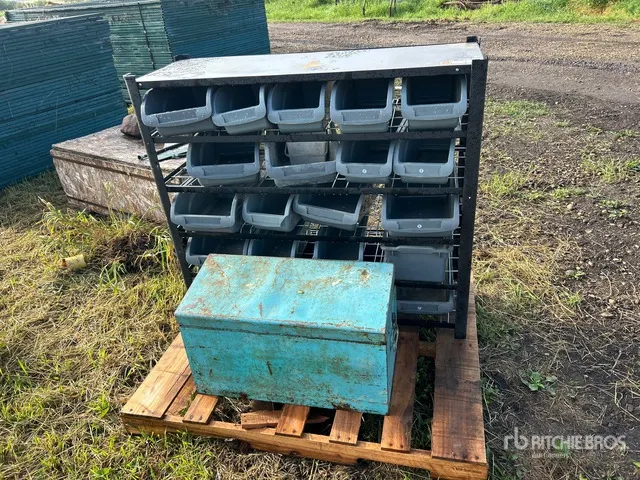 Steel Parts Storage Rack w/ 21 Plastic Bins & Metal Tool Box