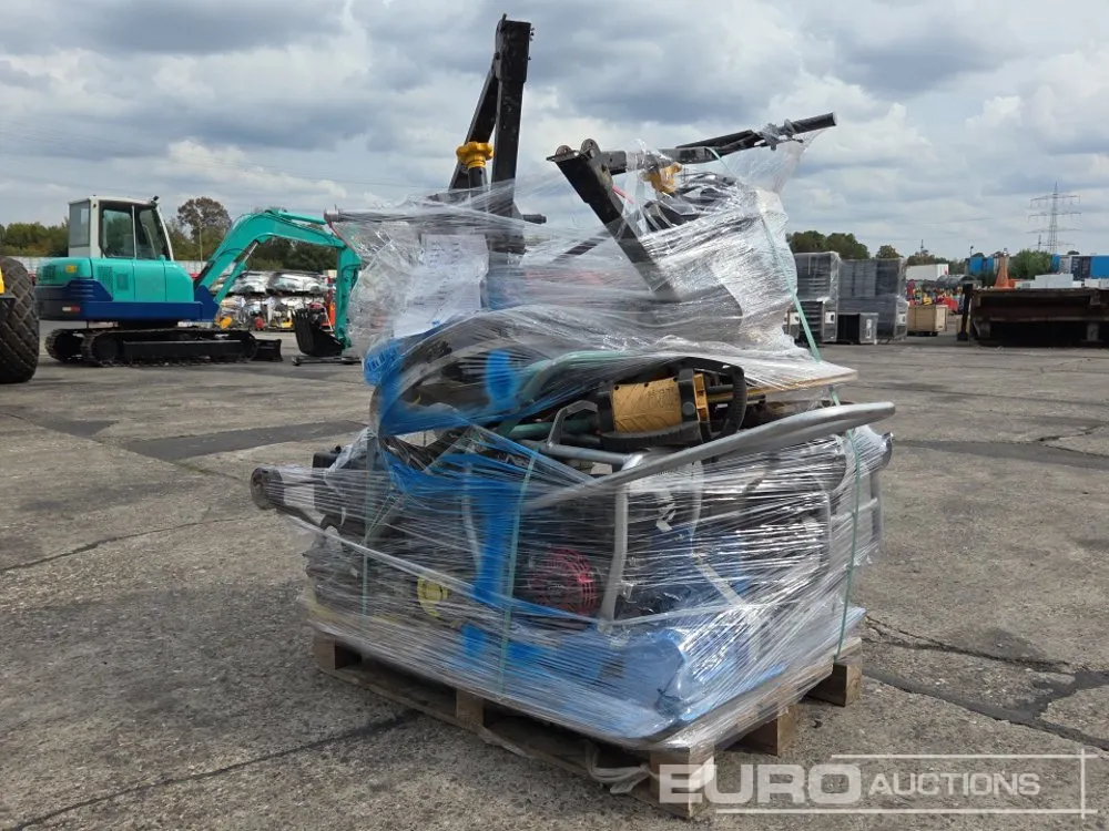 Pallet of Weber CF1+ CF3 Compaction Plates, Tifon 600 Power Trowel, Dingo Pokers, Husqvarna K970 Asphalt Saw, Water Pumps,