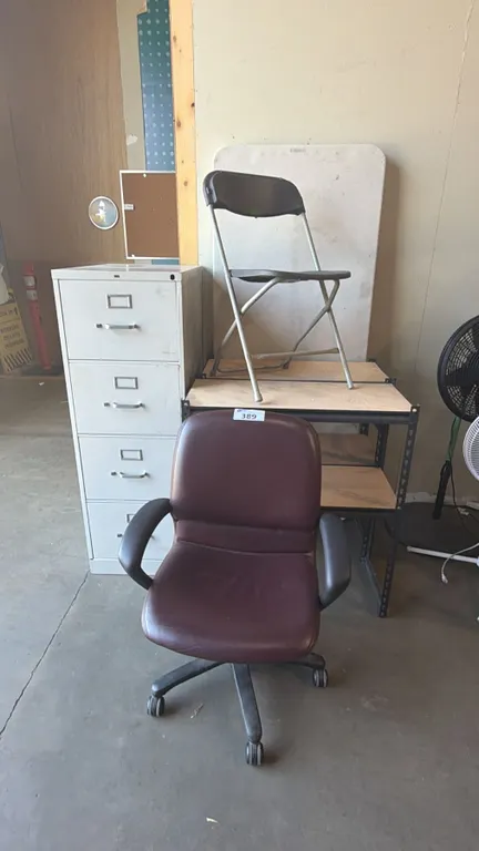 GROUP OF OFFICE ITEMS - 2 CHAIRS, 2 SMALL SHELF UNITS, UTILITY TABLE AND METAL FILE CABINET