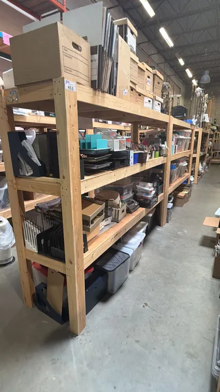2 WOODEN SHELVING UNITS - EACH UNIT MEASURES APPROX. 8FT X 2FT X 6FT HIGH