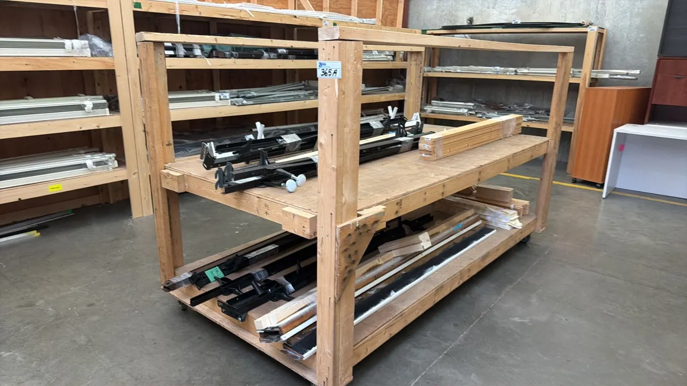 MOBILE WOODEN STORAGE SHELF - APPROX. 8FT X 4FT X 5FT HIGH