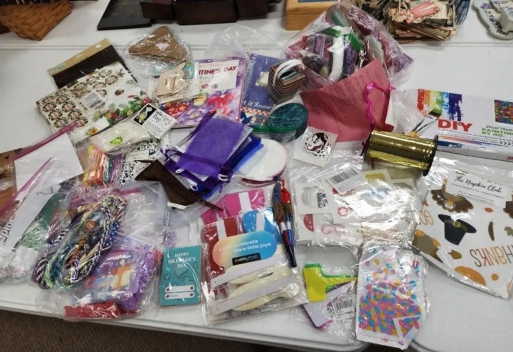 Box of Party Supplies, Decor & Kids Crafts