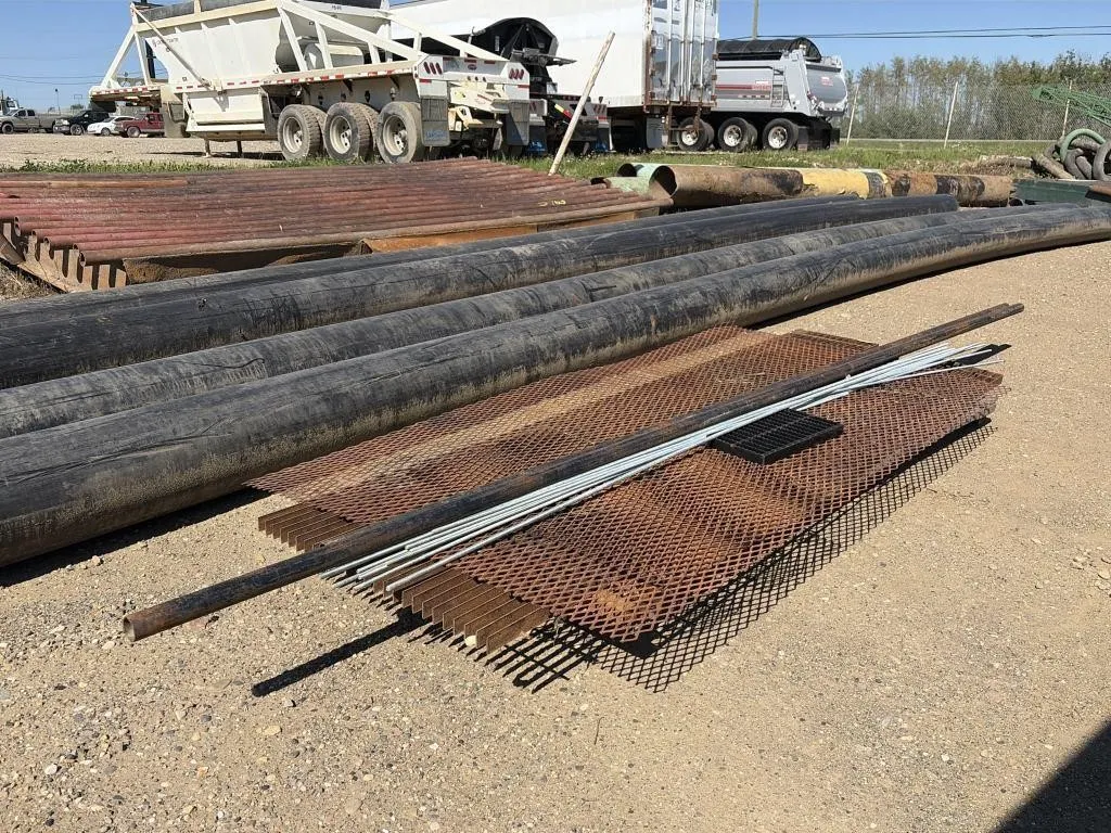 Pallet of Steel Grating, Two Pipes & More