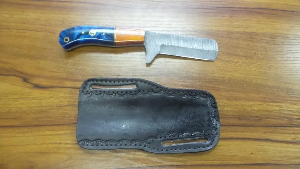 Custom Damascus Steel Cleaver Knife & Sheath