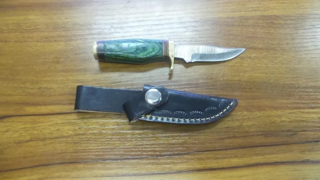 Custom Damascus Hunting Knife & Leather Sheath