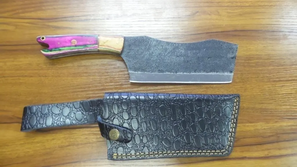11" Textured Steel Cleaver with Leather Sheath