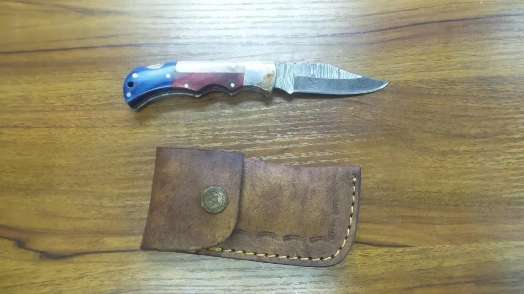 Custom Damascus Folding Pocket Knife & Sheath
