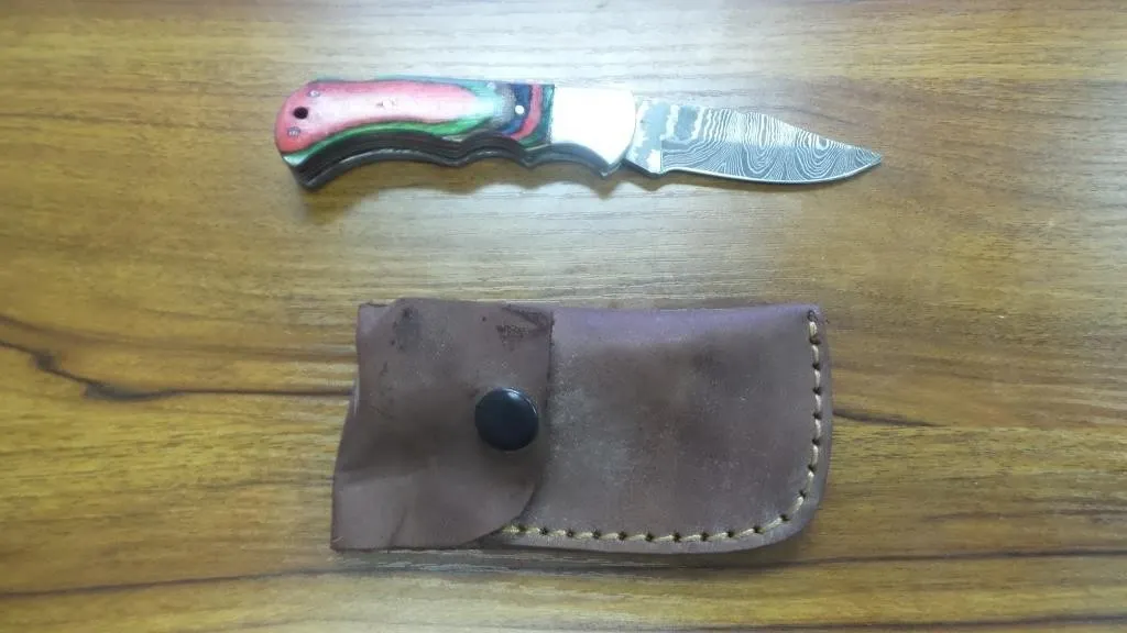 Custom Damascus Folding Pocket Knife & Sheath
